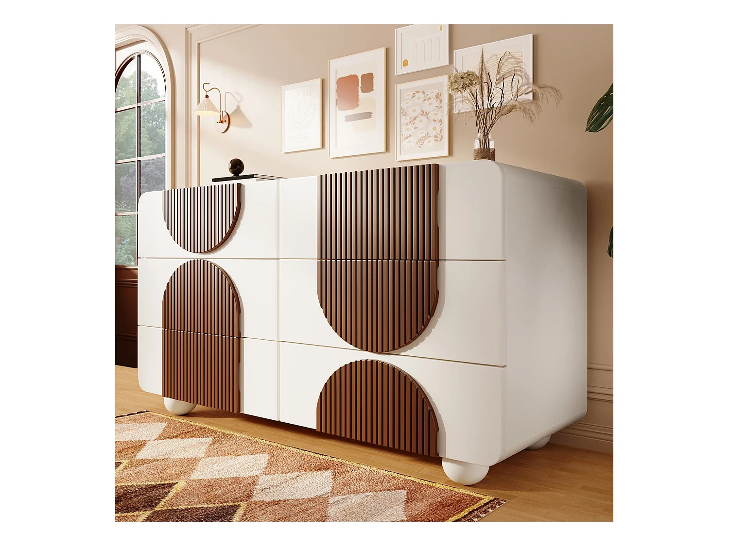 Buffet moderno 121x41x71cm - con 6 cajones deslizantes silenciosos - diseño geométrico - con listones de madera color marrón chocolate - Blanco + Marrón