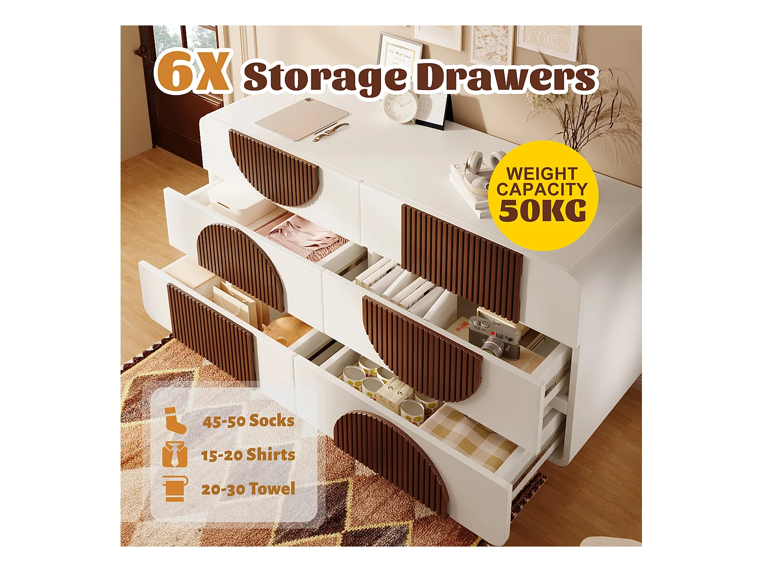 Buffet moderno 121x41x71cm - con 6 cajones deslizantes silenciosos - diseño geométrico - con listones de madera color marrón chocolate - Blanco + Marrón