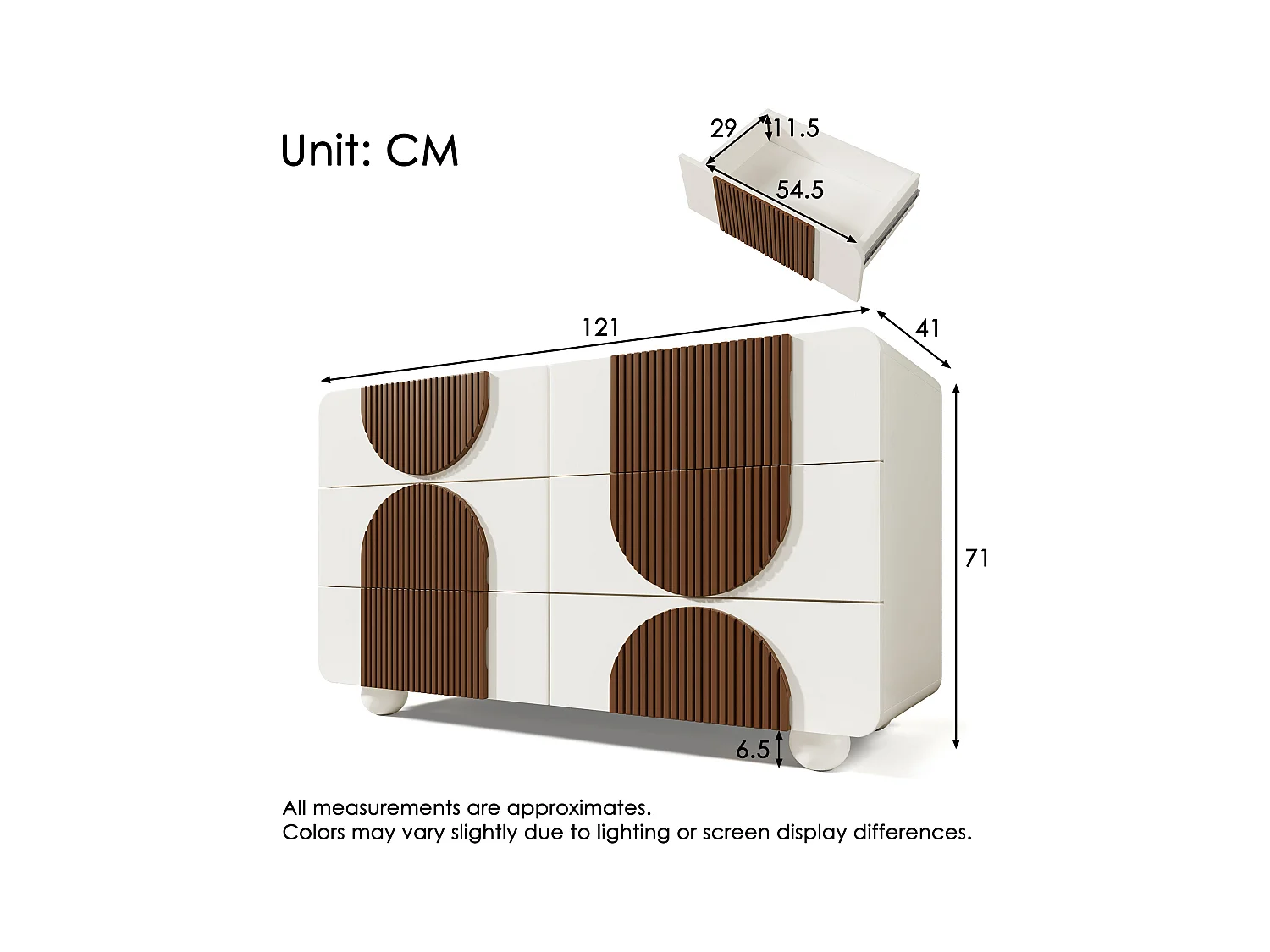Buffet moderno 121x41x71cm - con 6 cajones deslizantes silenciosos - diseño geométrico - con listones de madera color marrón chocolate - Blanco + Marrón
