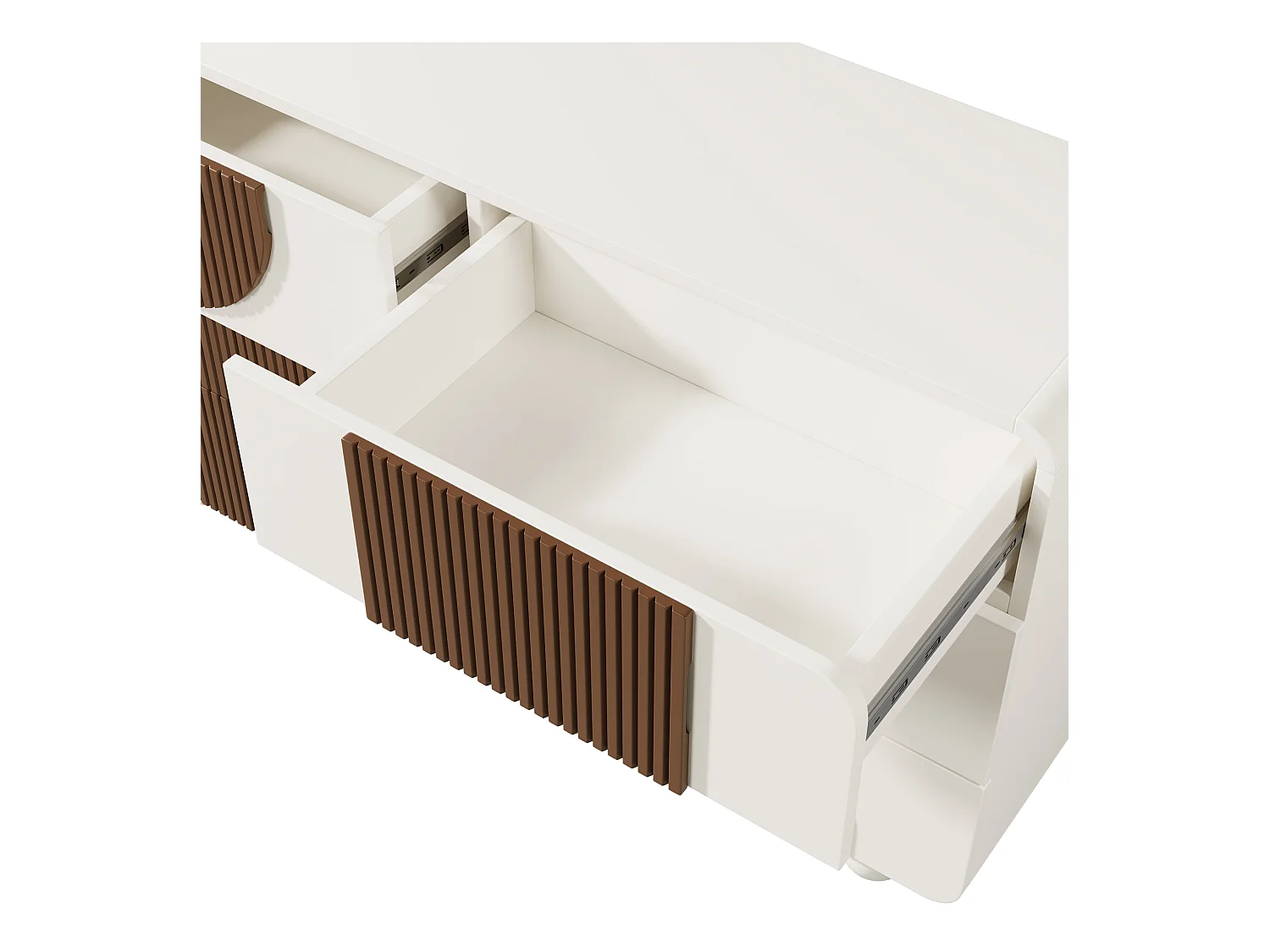 Buffet moderno 121x41x71cm - con 6 cajones deslizantes silenciosos - diseño geométrico - con listones de madera color marrón chocolate - Blanco + Marrón