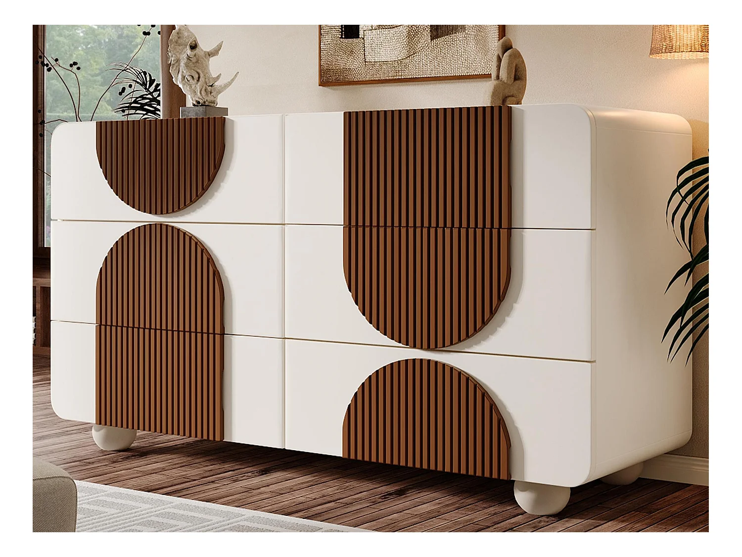 Buffet moderne 121x41x71cm - avec 6 tiroirs coulissants silencieux - conception géométrique - avec des lattes en bois marron chocolat - Blanc + Marron