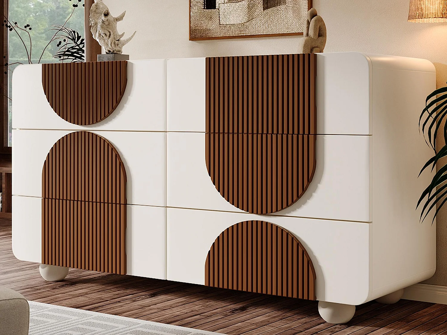 Credenza moderna 121x41x71cm - con 6 cassetti scorrevoli silenziosi - design geometrico - con listelli in legno marrone cioccolato - Bianco + Marrone
