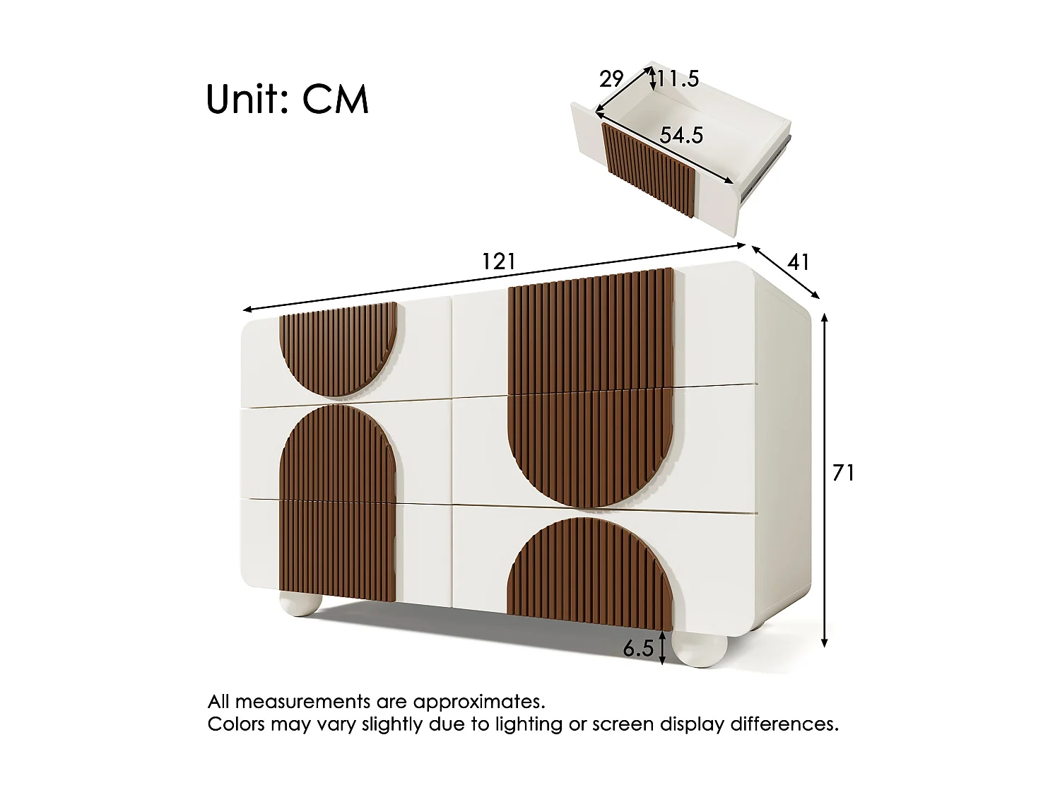 Credenza moderna 121x41x71cm - con 6 cassetti scorrevoli silenziosi - design geometrico - con listelli in legno marrone cioccolato - Bianco + Marrone