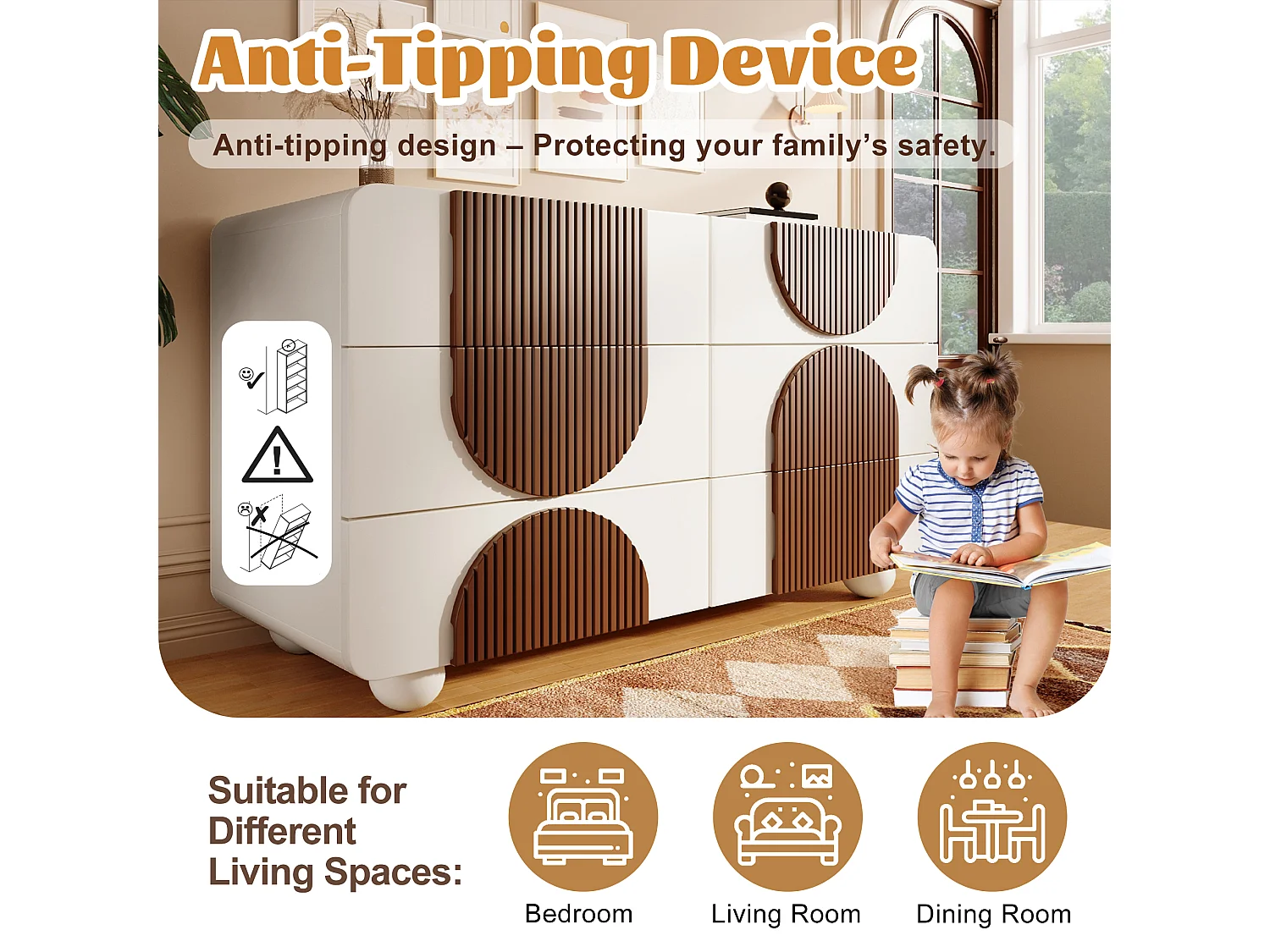 Credenza moderna 121x41x71cm - con 6 cassetti scorrevoli silenziosi - design geometrico - con listelli in legno marrone cioccolato - Bianco + Marrone