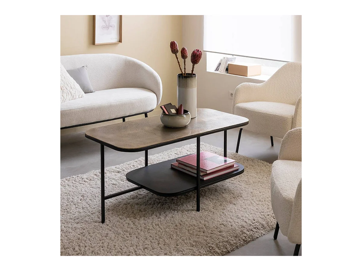 Table basse avec plateau en aluminium doré et métal noir Victoria