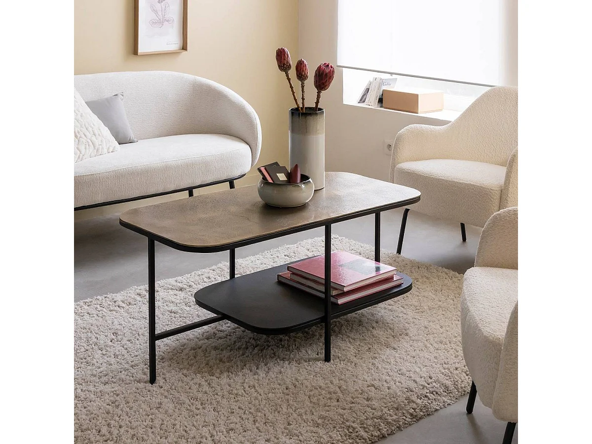 Table basse avec plateau en aluminium doré et métal noir Victoria