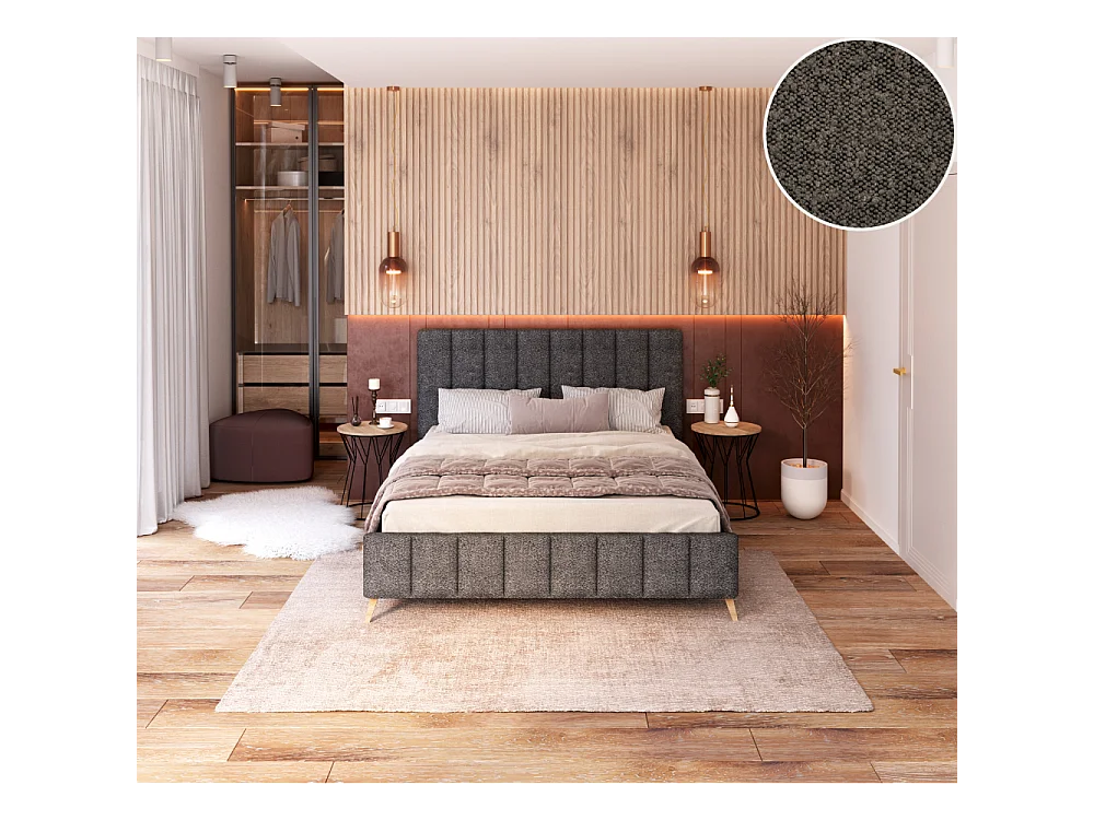 Lit FRESCA 160 x 200 cm - Tissu Bouclette Gris Foncé