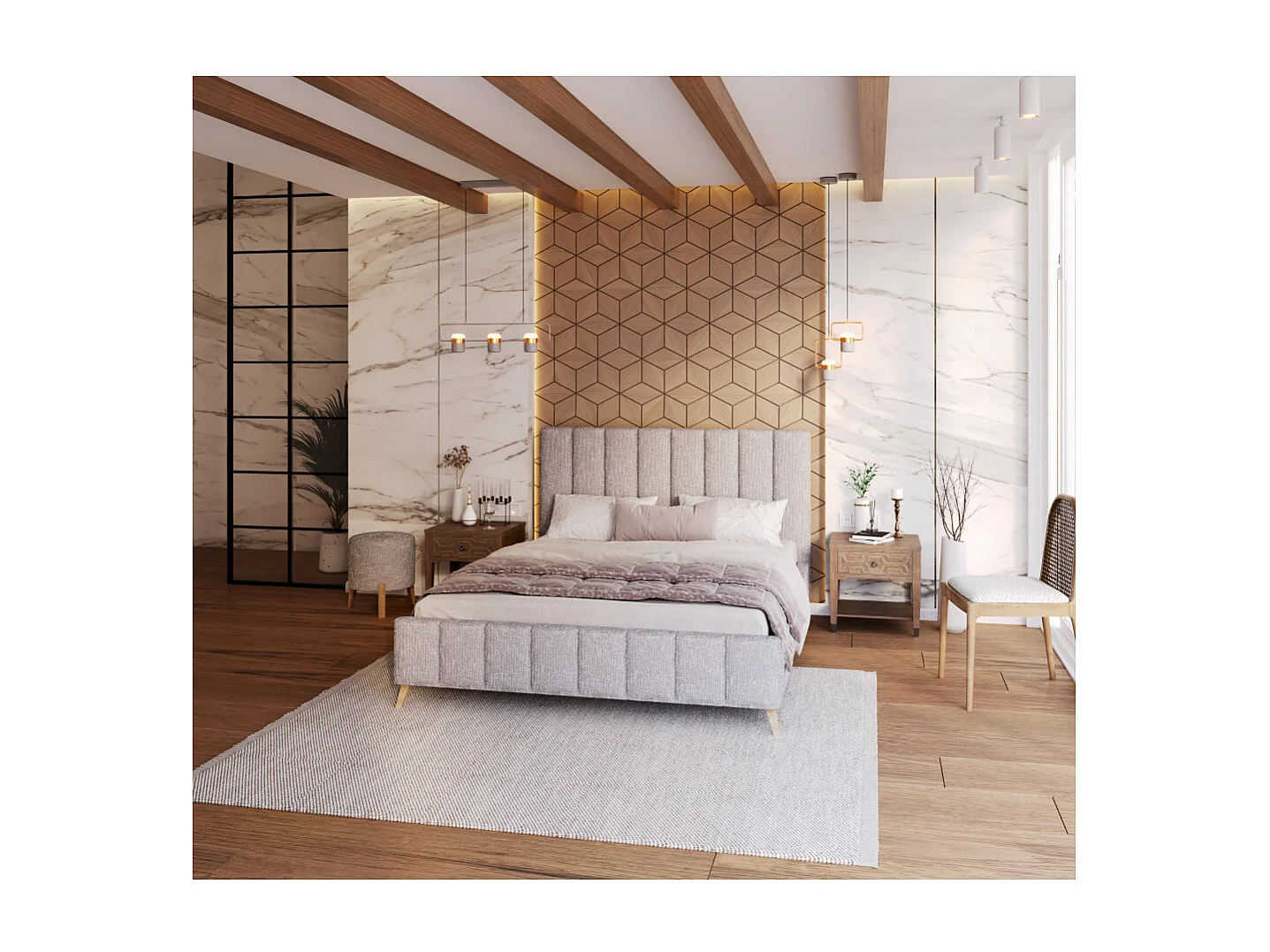 Lit FRESCA 160 x 200 cm - Tissu Bouclette Gris Clair