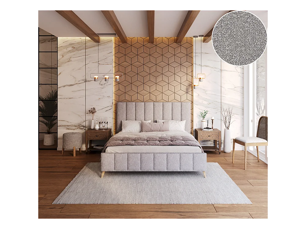 Lit FRESCA 160 x 200 cm - Tissu Bouclette Gris Clair