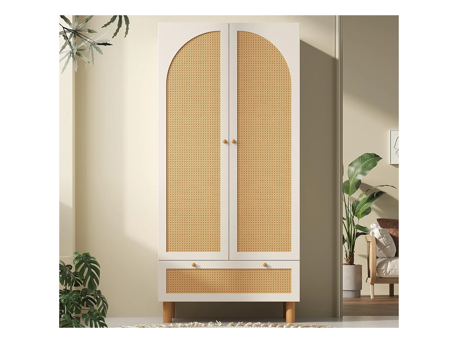 Armoire 85.5x52x180.5cm - Étagères et tringles à vêtements réglables - avec 2 portes en rotin et 1 tiroir - style campagnard - Blanc + Naturel