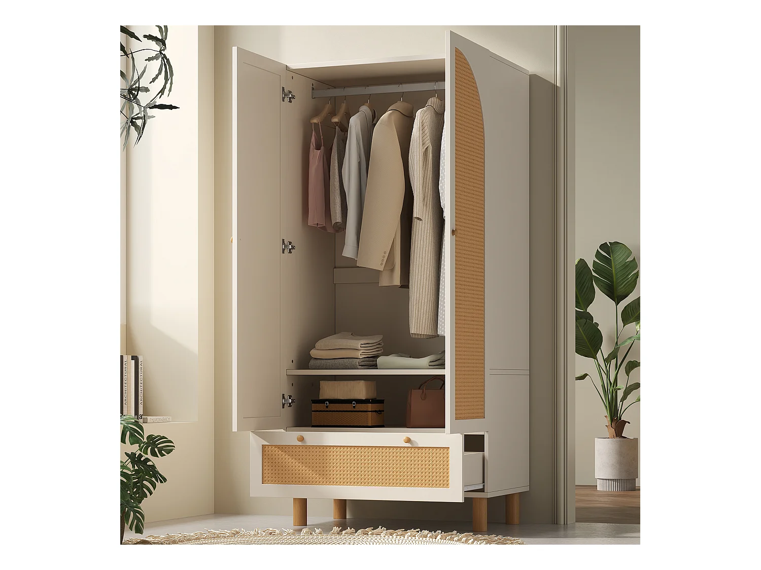 Armoire 85.5x52x180.5cm - Étagères et tringles à vêtements réglables - avec 2 portes en rotin et 1 tiroir - style campagnard - Blanc + Naturel