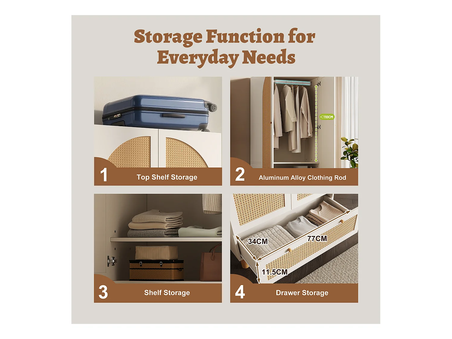 Armoire 85.5x52x180.5cm - Étagères et tringles à vêtements réglables - avec 2 portes en rotin et 1 tiroir - style campagnard - Blanc + Naturel