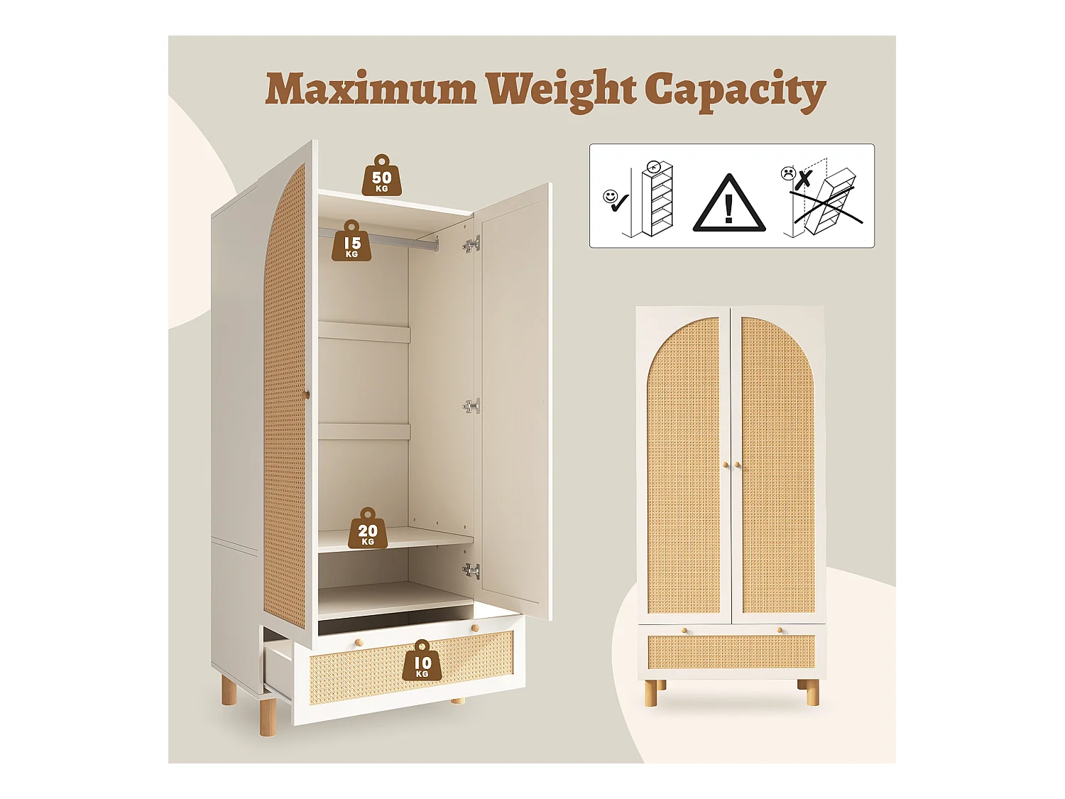 Armoire 85.5x52x180.5cm - Étagères et tringles à vêtements réglables - avec 2 portes en rotin et 1 tiroir - style campagnard - Blanc + Naturel