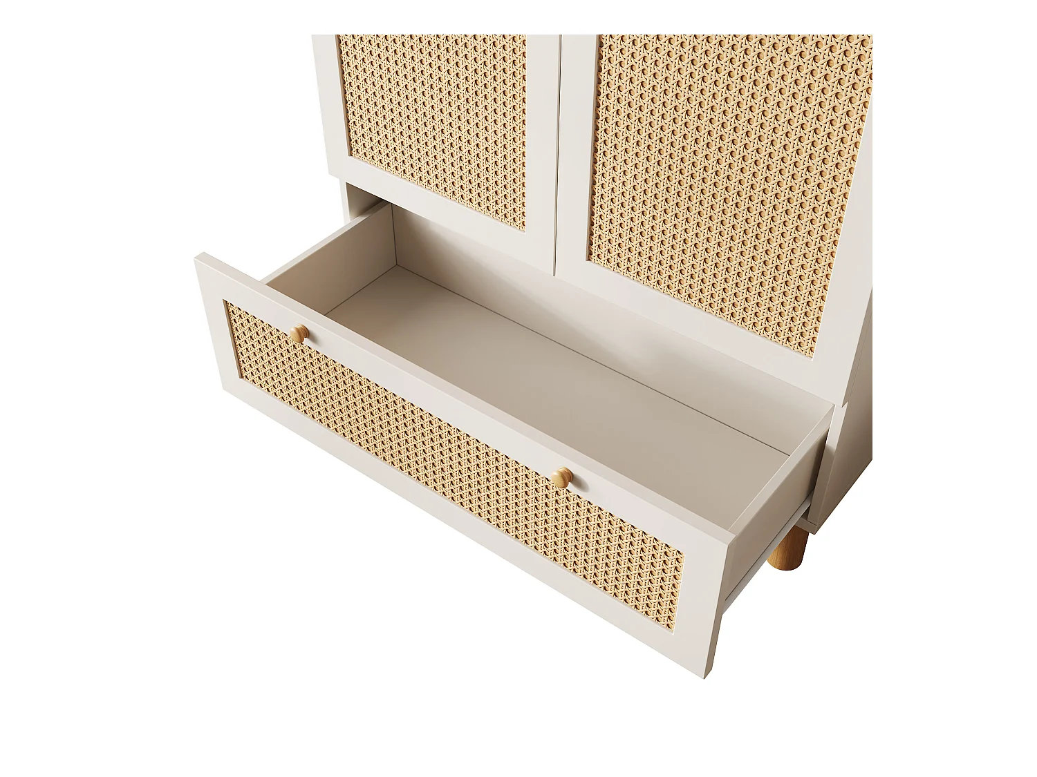 Armoire 85.5x52x180.5cm - Étagères et tringles à vêtements réglables - avec 2 portes en rotin et 1 tiroir - style campagnard - Blanc + Naturel