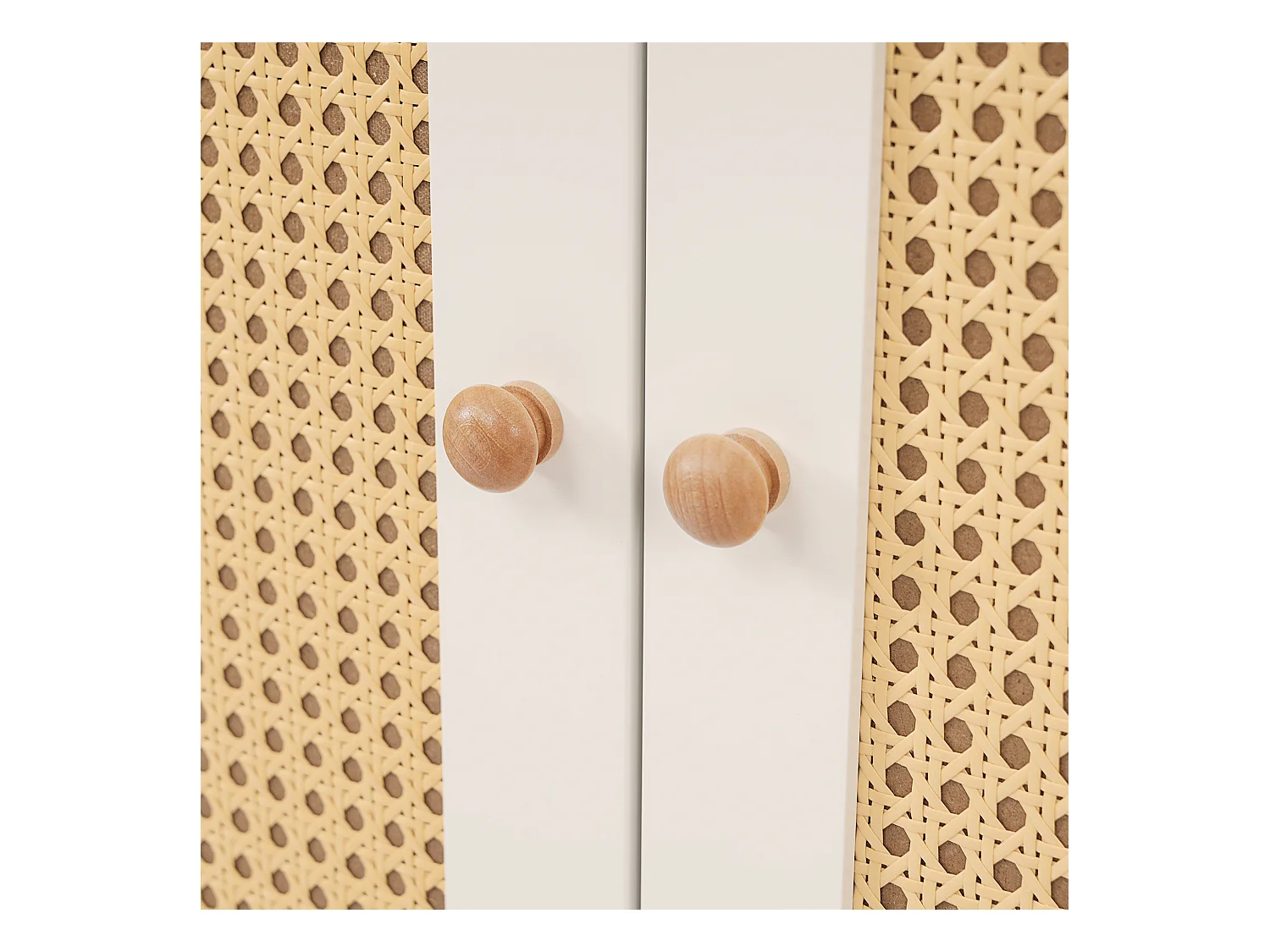 Armoire 85.5x52x180.5cm - Étagères et tringles à vêtements réglables - avec 2 portes en rotin et 1 tiroir - style campagnard - Blanc + Naturel