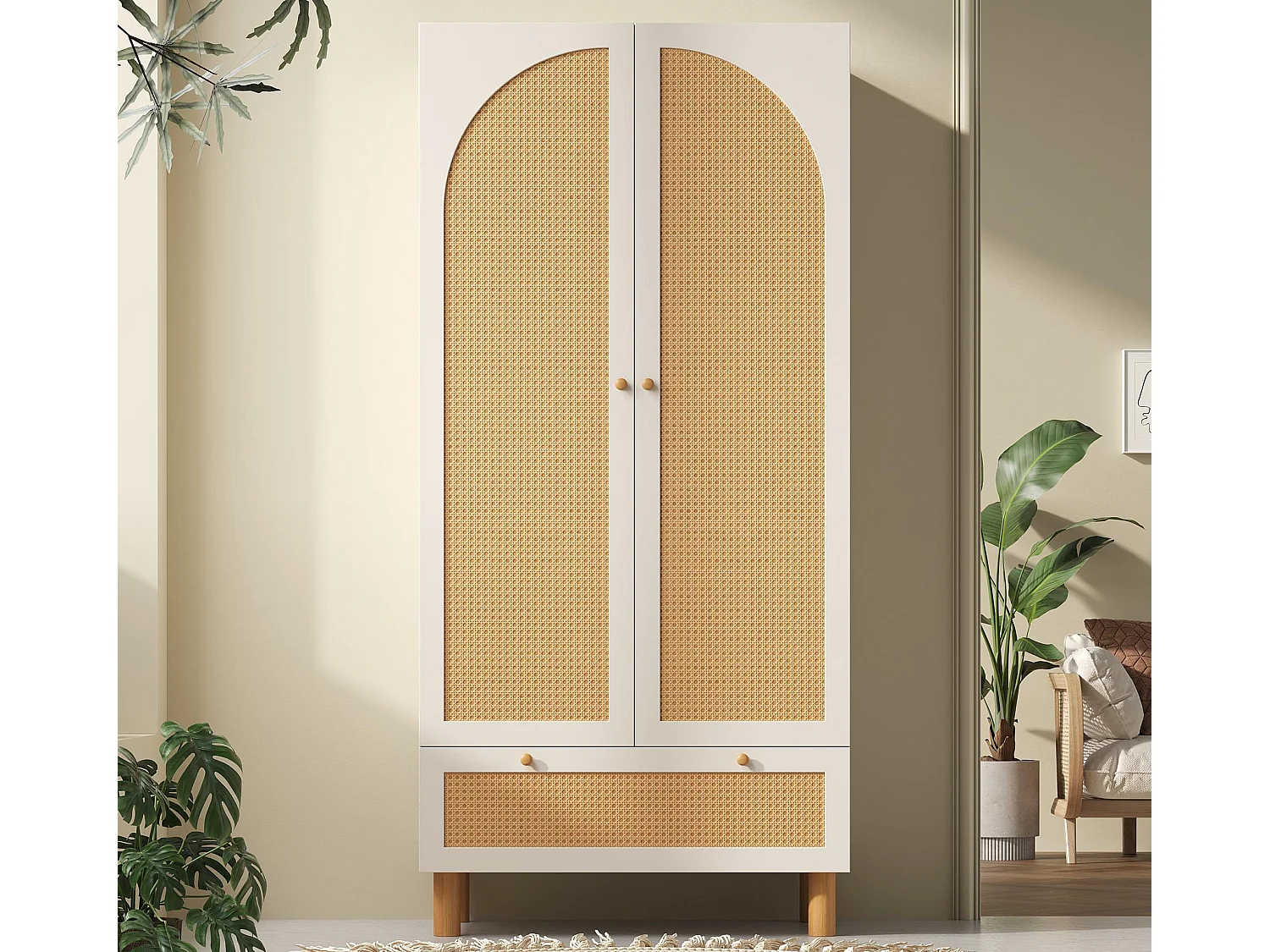 Kleiderschrank 85.5x52x180.5cm - Verstellbare Regale und Kleiderstangen - mit 2 Rattantüren und 1 Schublade - Landhausstil - Weiß + Natur