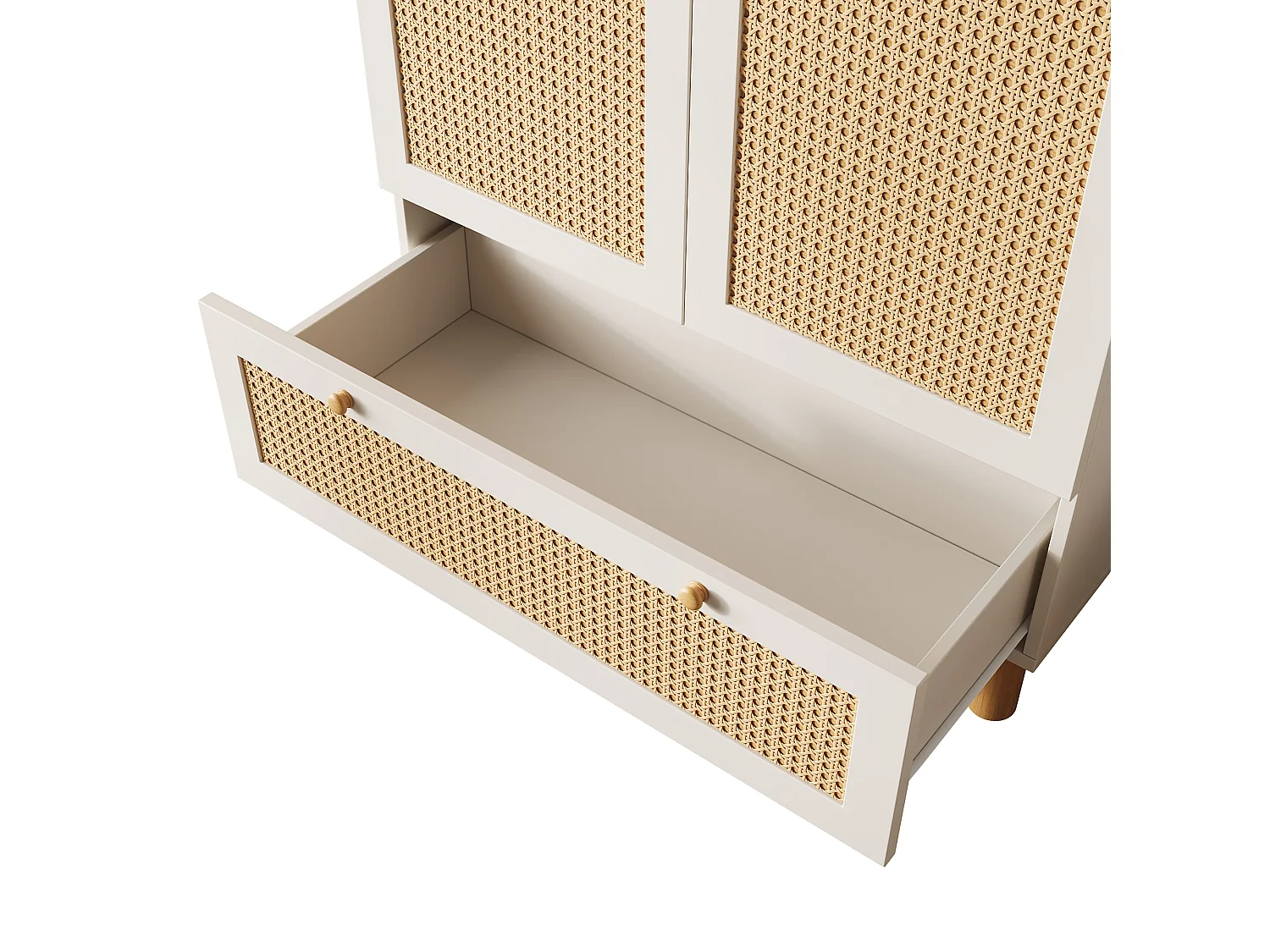 Kleiderschrank 85.5x52x180.5cm - Verstellbare Regale und Kleiderstangen - mit 2 Rattantüren und 1 Schublade - Landhausstil - Weiß + Natur