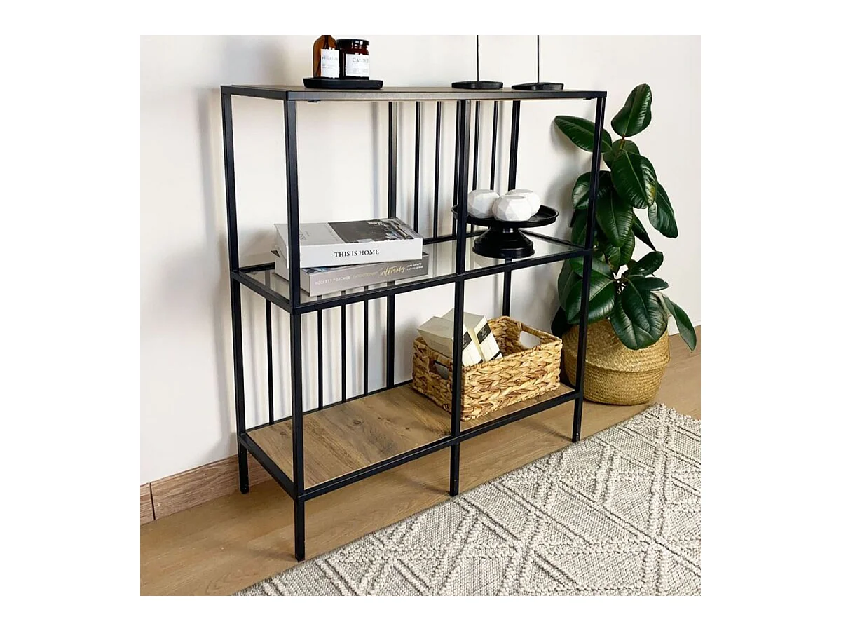 Konsole mit 4 Fächern aus schwarzem Metall und Rauchglas H90 cm - SUNNY