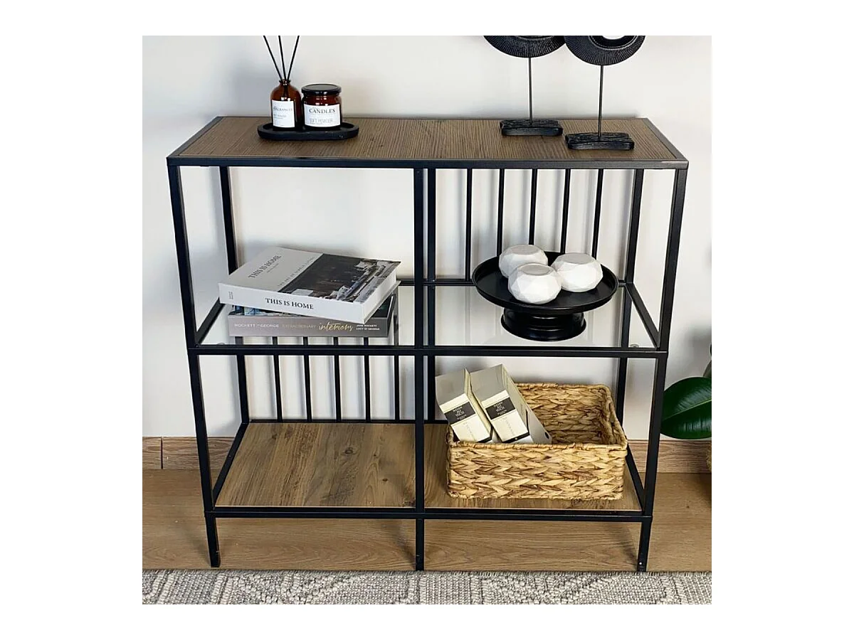 Konsole mit 4 Fächern aus schwarzem Metall und Rauchglas H90 cm - SUNNY