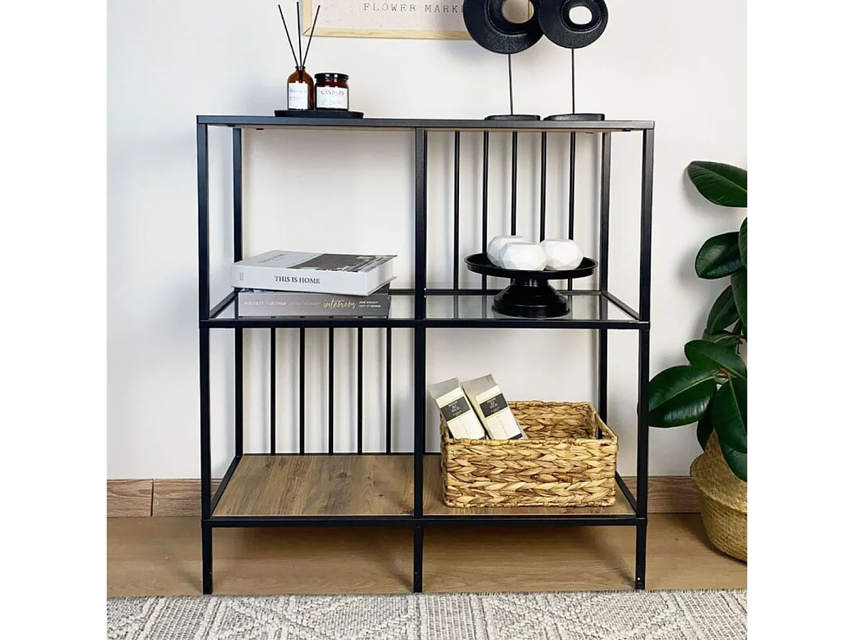 Console met 4 vakken van zwart metaal en rookglas H90 cm - SUNNY