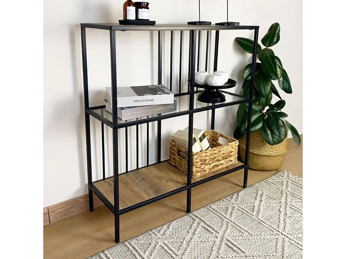 Console met 4 vakken van zwart metaal en rookglas H90 cm - SUNNY