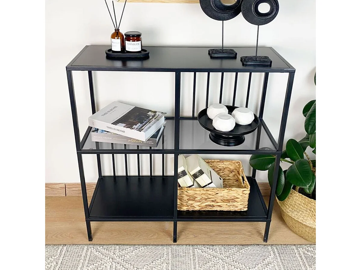 Consolle con 4 vani in metallo nero e vetro fumé H90 cm - SUNNY