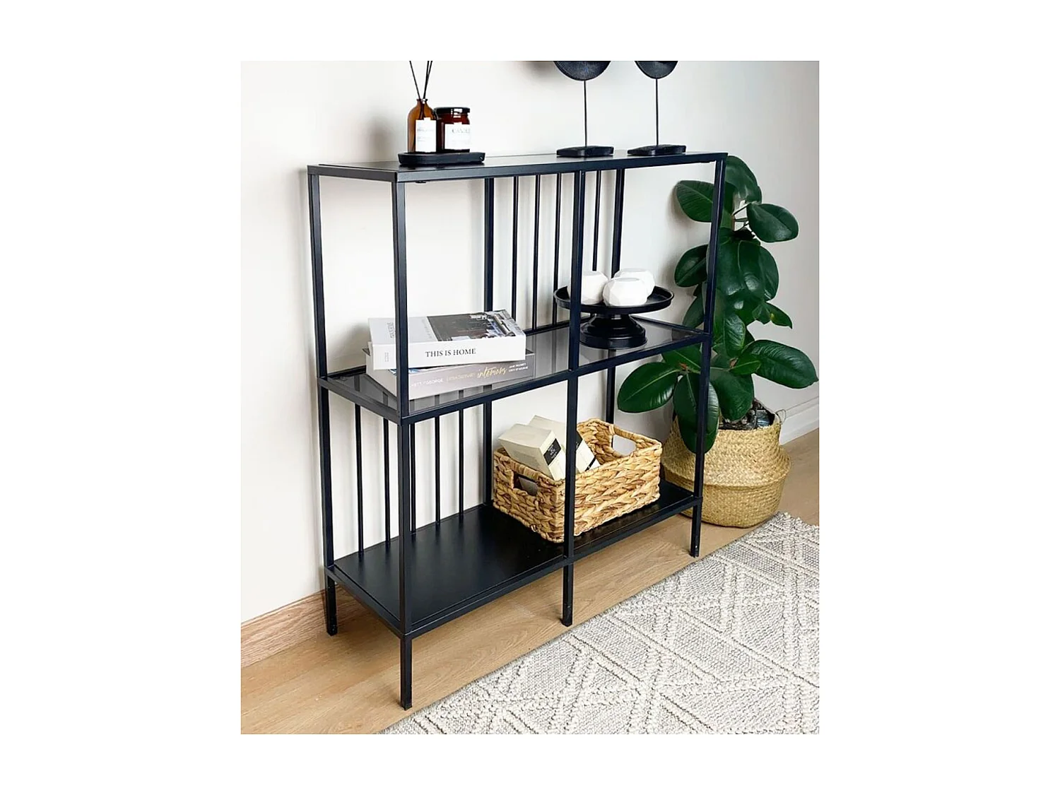 Consolle con 4 vani in metallo nero e vetro fumé H90 cm - SUNNY