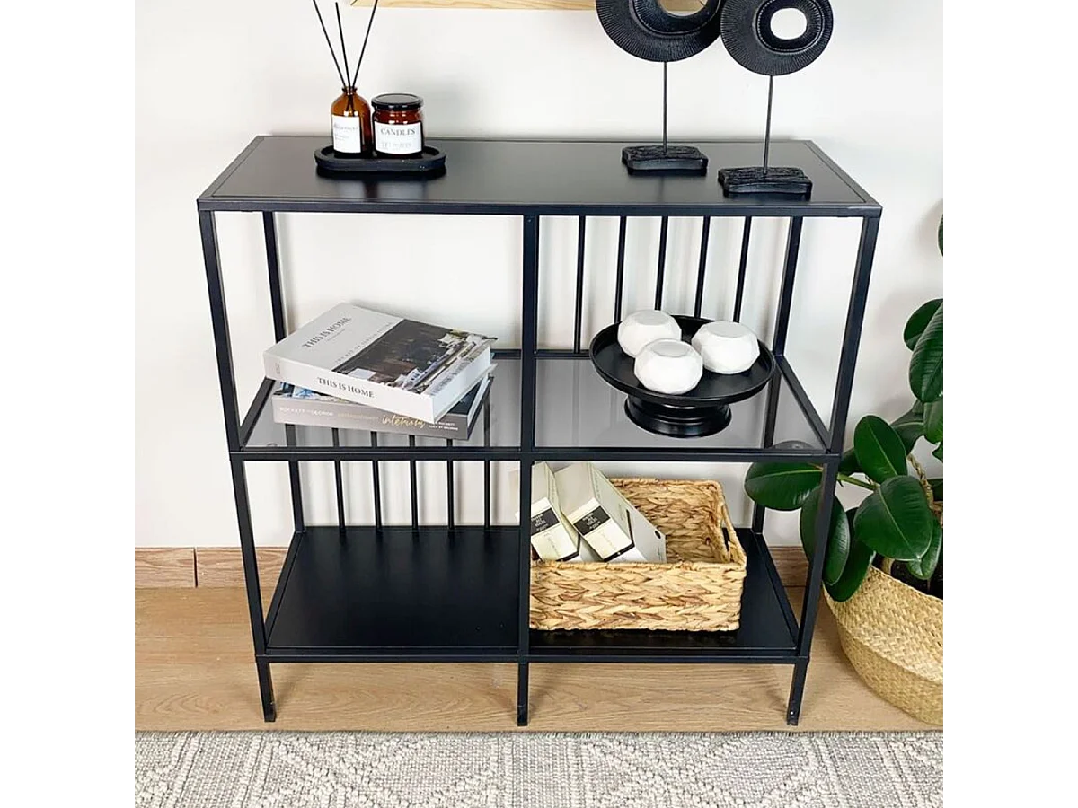 Console 4 niches en Métal noir et verre fumé H90 cm - SUNNY