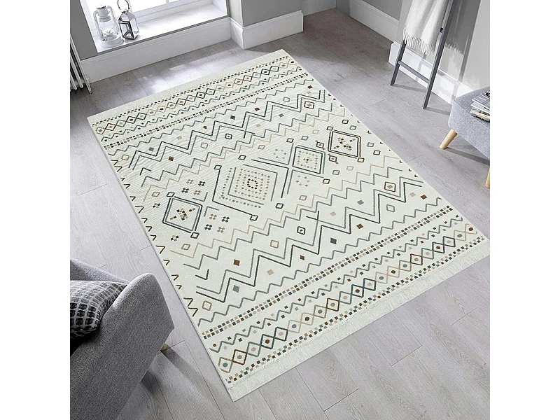 Tapis réversible en coton crème et brun – motifs graphiques