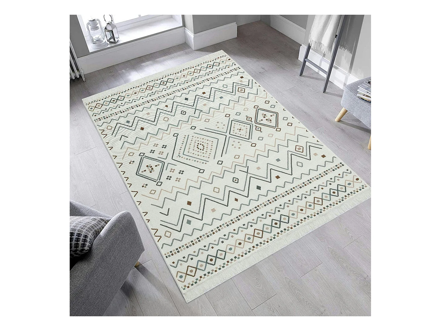 Tapis réversible en coton crème et brun – motifs graphiques