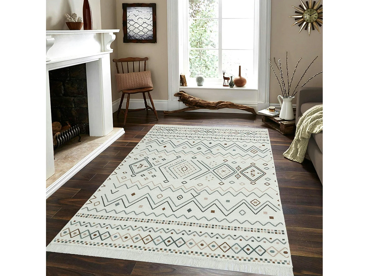 Tapis réversible en coton crème et brun – motifs graphiques