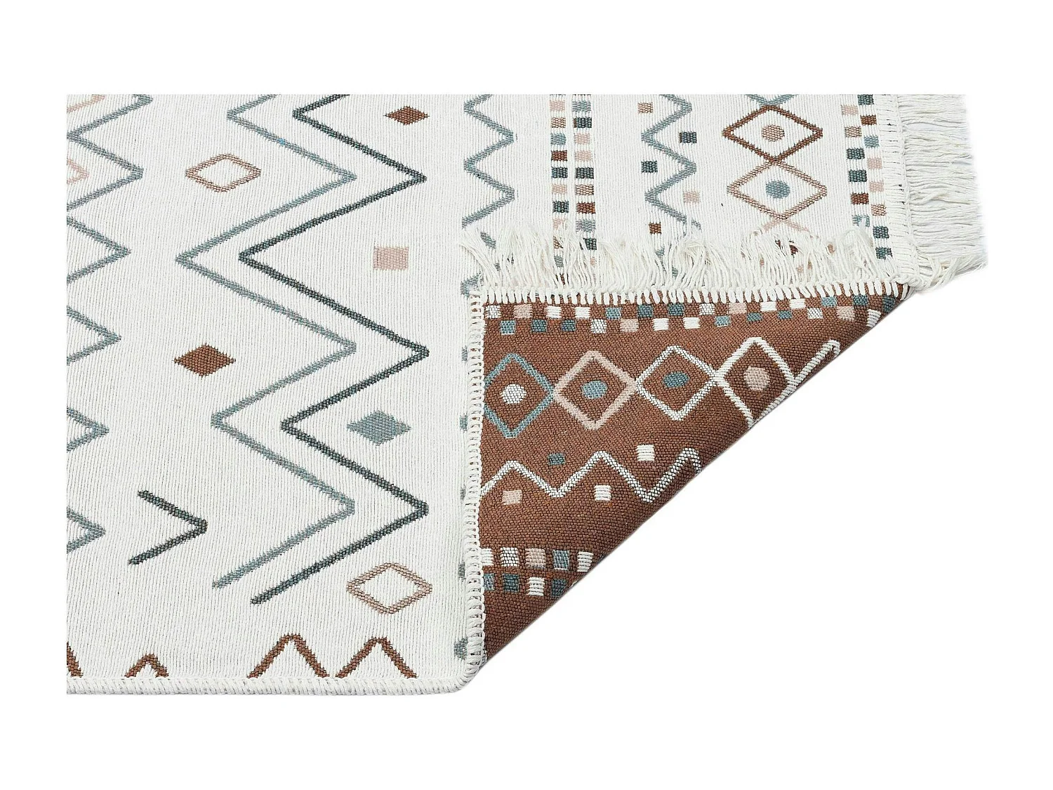 Tapis réversible en coton crème et brun – motifs graphiques