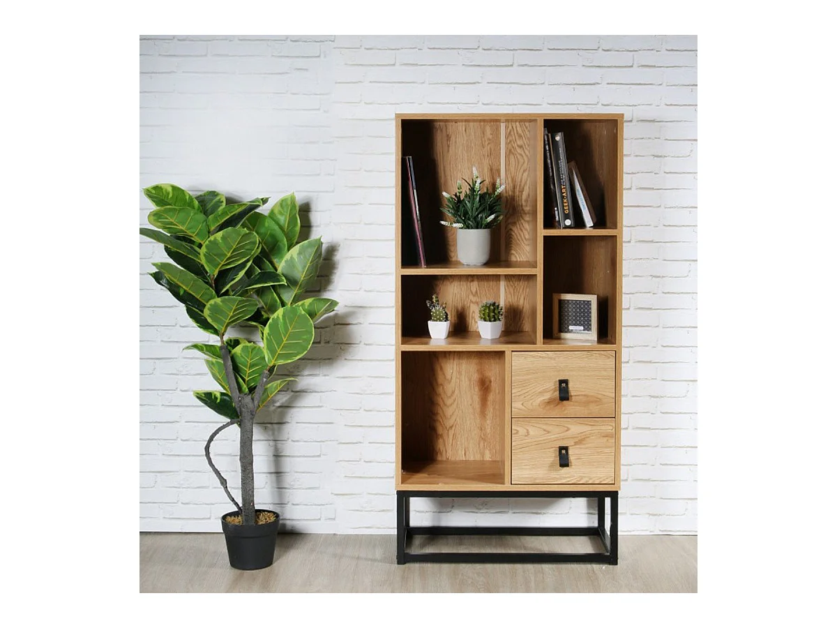 Bibliothèque Style Industriel 2 Tiroirs 5 Niches H120cm