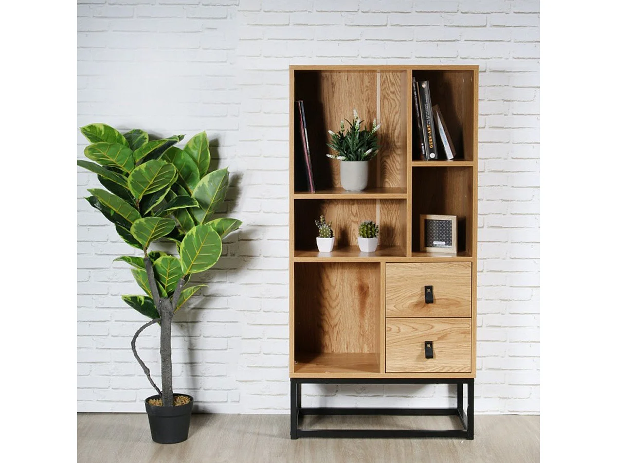 Bibliothèque Style Industriel 2 Tiroirs 5 Niches H120cm