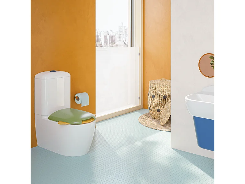 WC à poser sans bride VITRA Sento Kids Blanc + réservoir + abattant vert et jaune