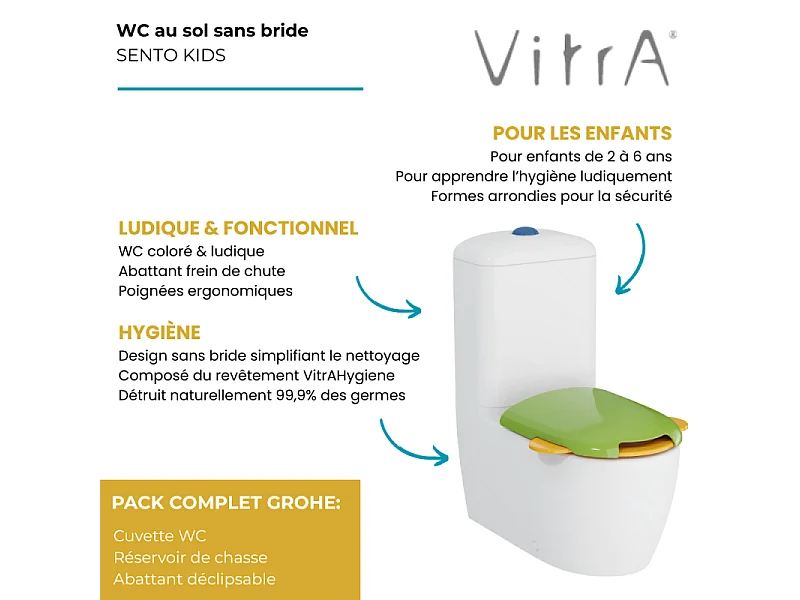 WC à poser sans bride VITRA Sento Kids Blanc + réservoir + abattant vert et jaune