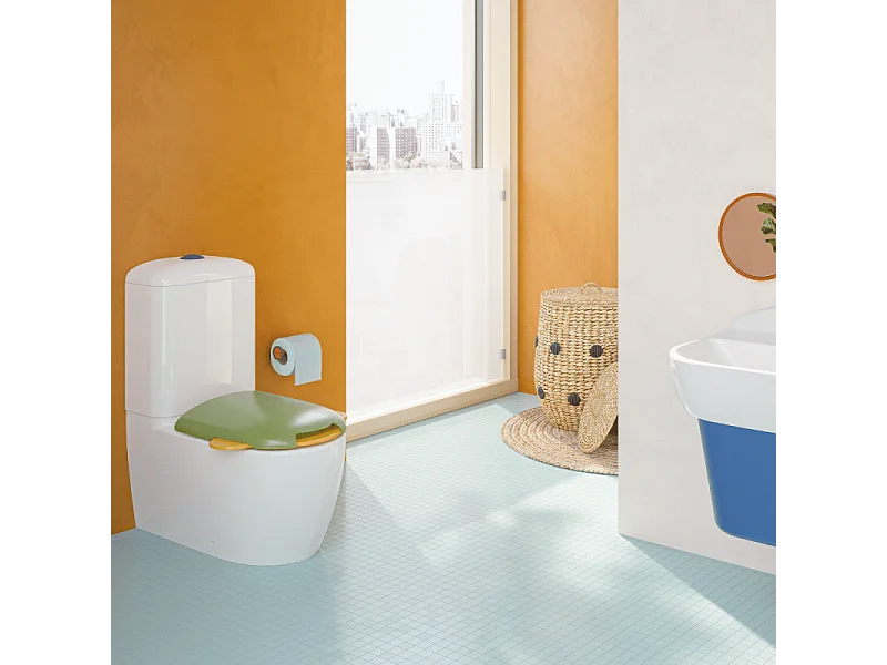 WC à poser sans bride VITRA Sento Kids Blanc + réservoir + abattant vert et jaune