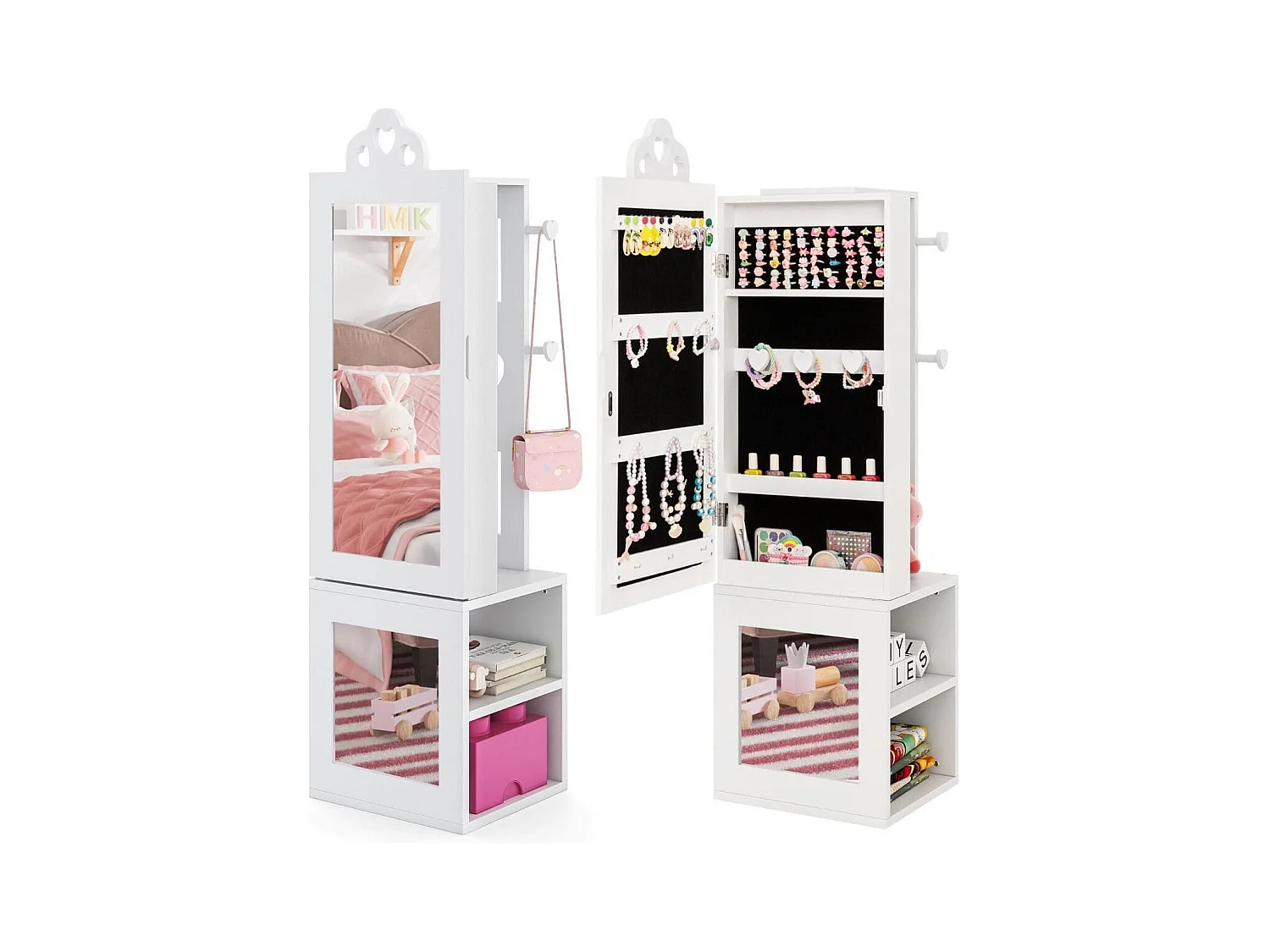 3 in 1 Spiegelschrank mit Ganzkörperspiegel & Kleiderständer Kinder Schmuckschrank Weiß