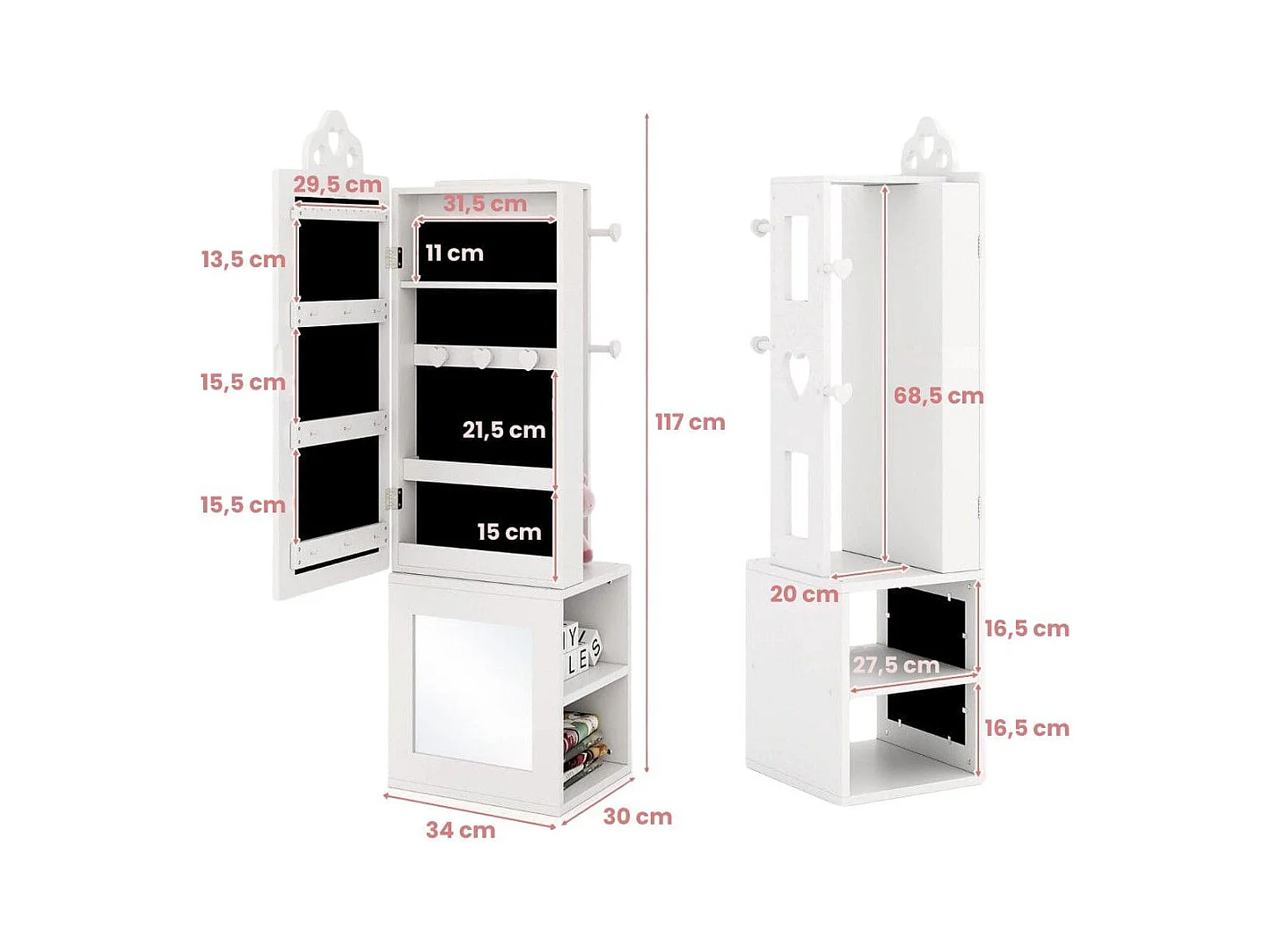 3 in 1 Spiegelschrank mit Ganzkörperspiegel & Kleiderständer Kinder Schmuckschrank Weiß