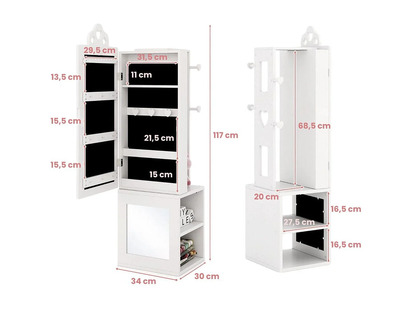 Armadio portagioie per bambini con specchio a figura intera e appendiabiti, Armadio porta abiti 3 in 1 per ragazze Bianco