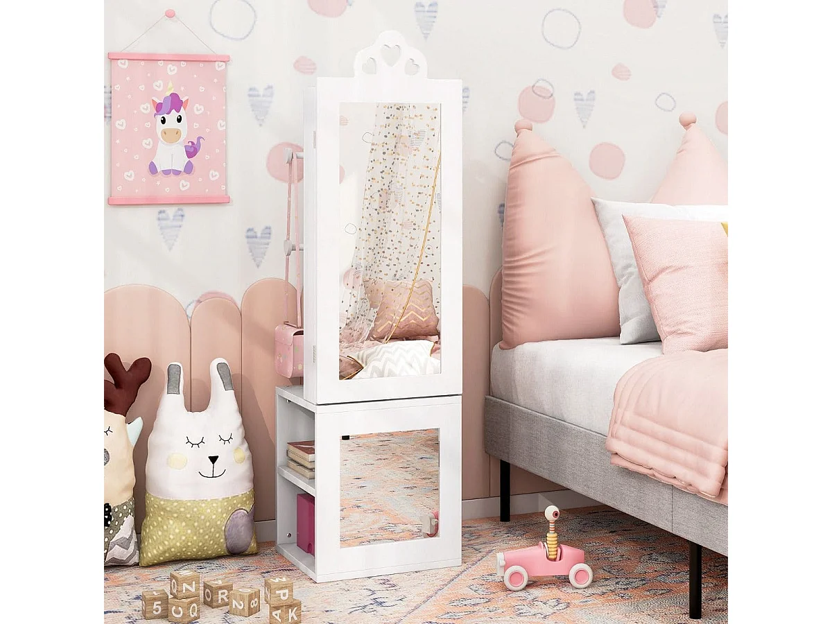 Armadio portagioie per bambini con specchio a figura intera e appendiabiti, Armadio porta abiti 3 in 1 per ragazze Bianco