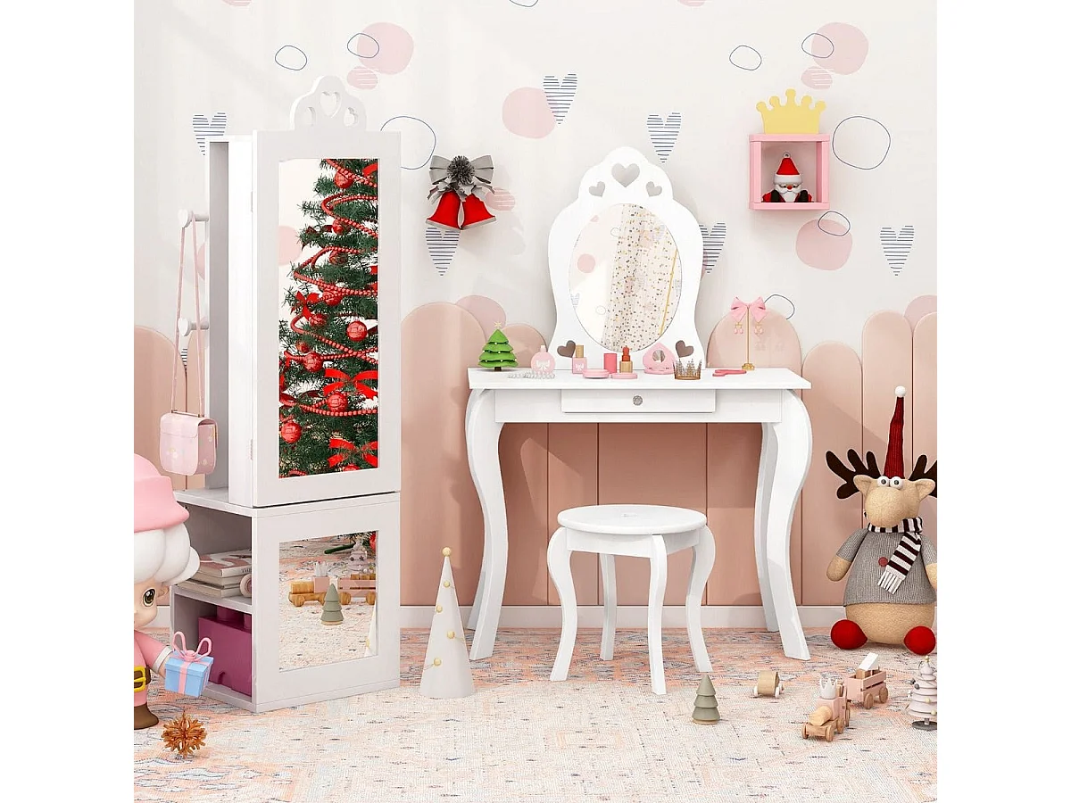 Armadio portagioie per bambini con specchio a figura intera e appendiabiti, Armadio porta abiti 3 in 1 per ragazze Bianco