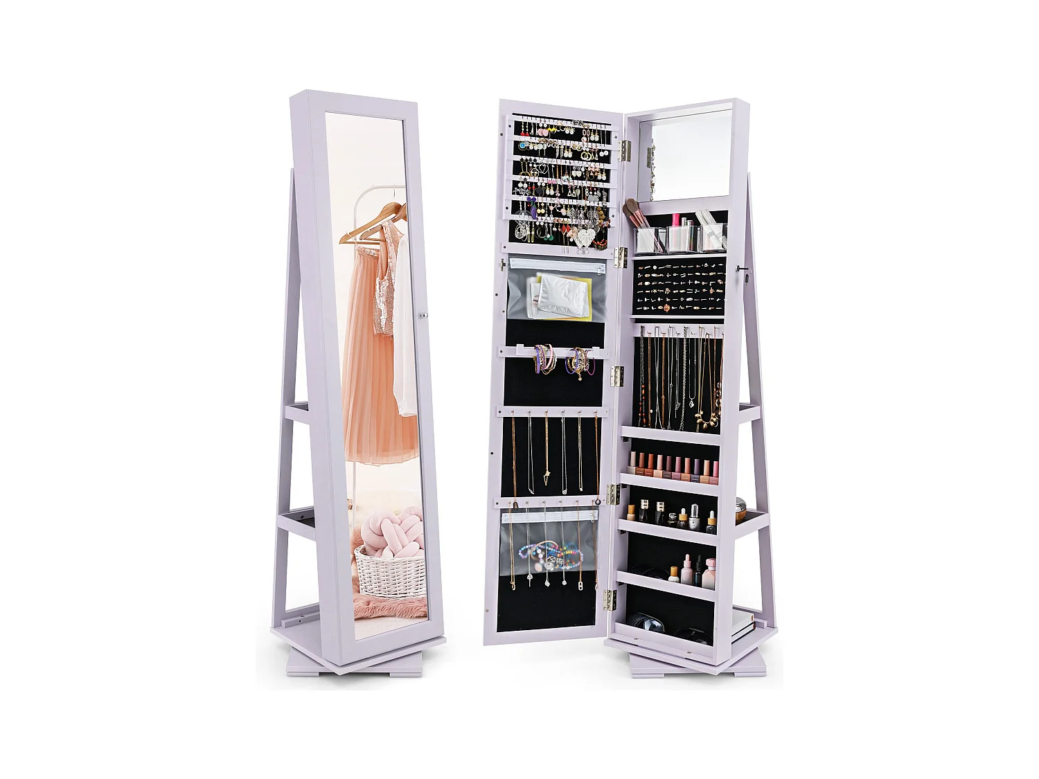 Armadio portagioielli girevole a 360° con specchio, Organizer gioielli 2 in 1 a figura intera Viola