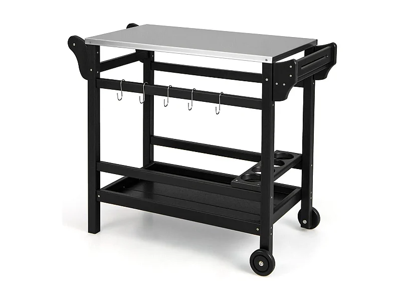 Grillwagen aus HDPE mit Gewürztablett & Weinflaschenregal & Griff & 2 Rollen Grilltisch