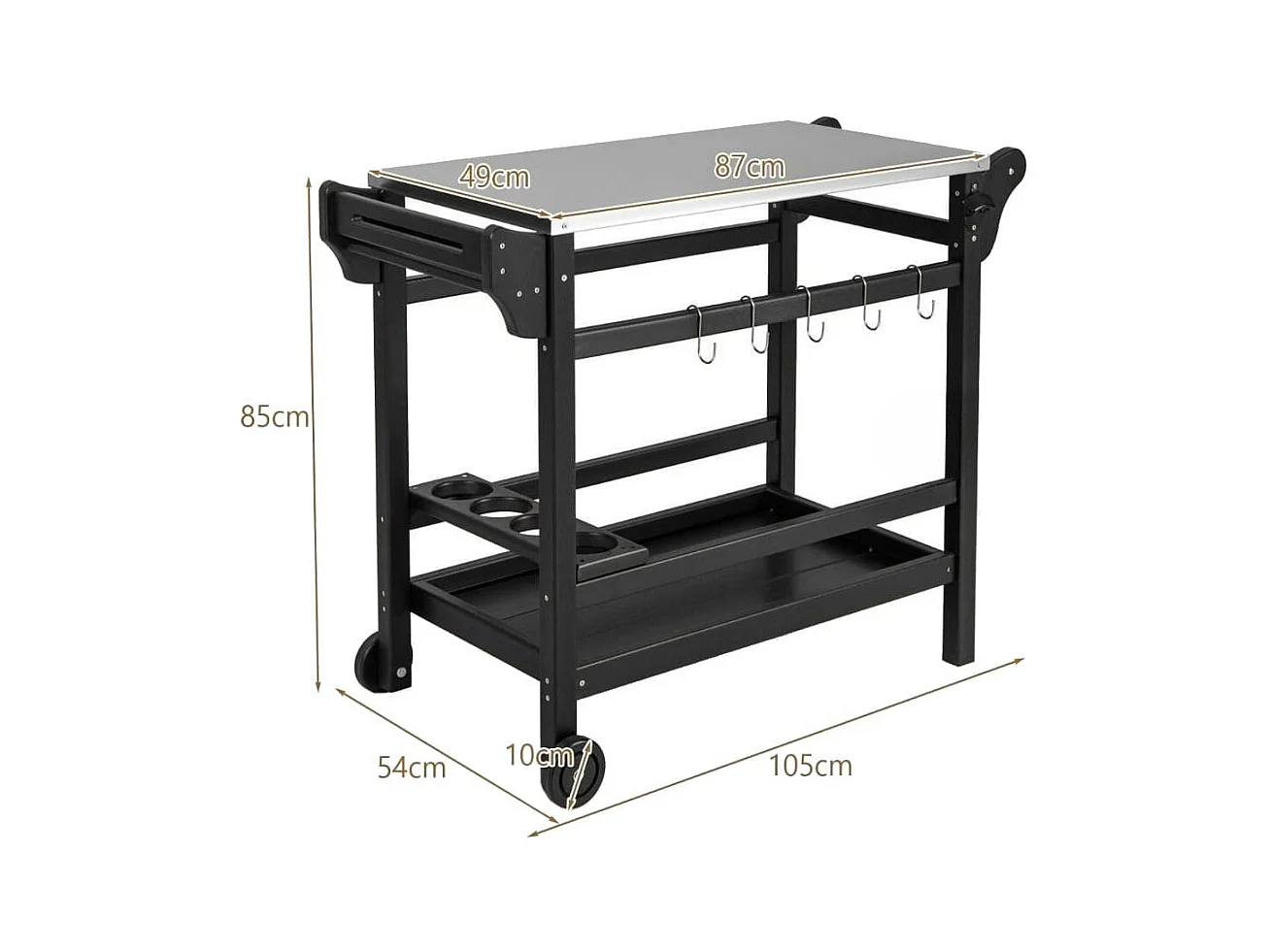 Grillwagen aus HDPE mit Gewürztablett & Weinflaschenregal & Griff & 2 Rollen Grilltisch