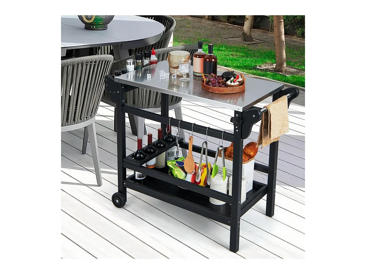 Grillwagen aus HDPE mit Gewürztablett & Weinflaschenregal & Griff & 2 Rollen Grilltisch