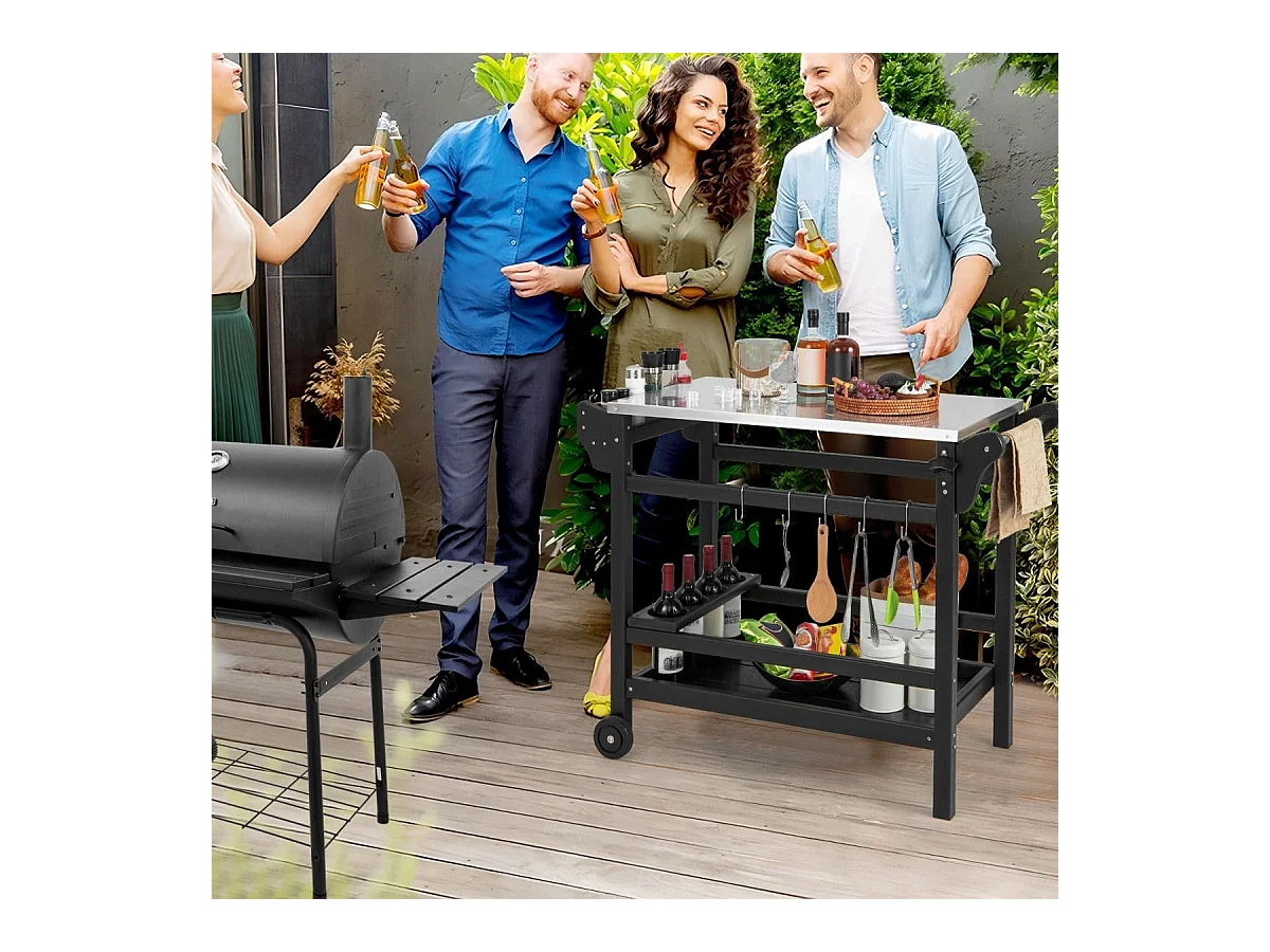 Grillwagen aus HDPE mit Gewürztablett & Weinflaschenregal & Griff & 2 Rollen Grilltisch