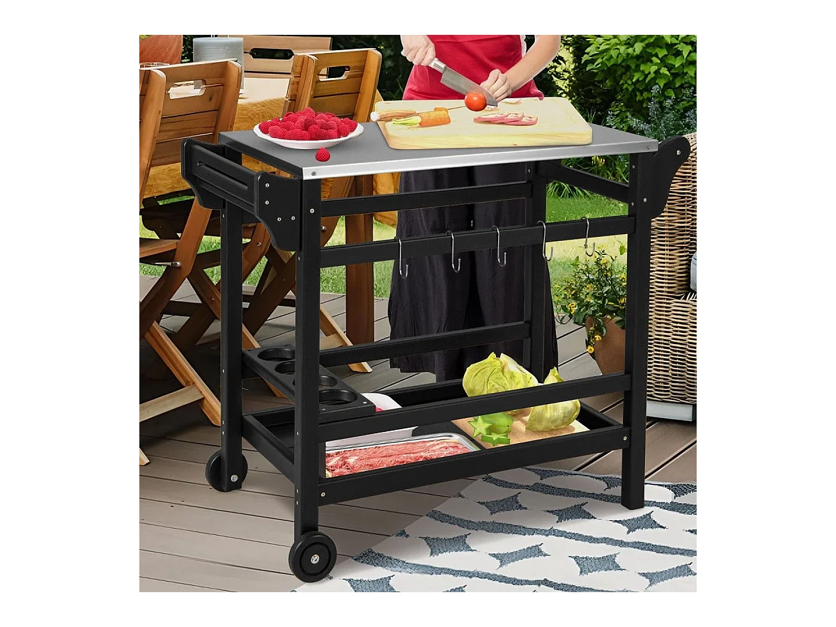 Grillwagen aus HDPE mit Gewürztablett & Weinflaschenregal & Griff & 2 Rollen Grilltisch