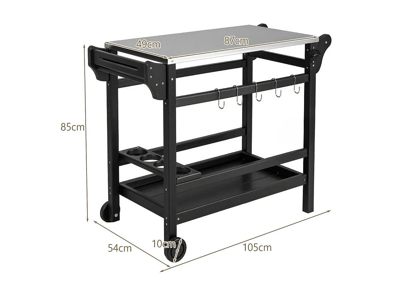Grillwagen aus HDPE mit Gewürztablett & Weinflaschenregal & Griff & 2 Rollen Grilltisch