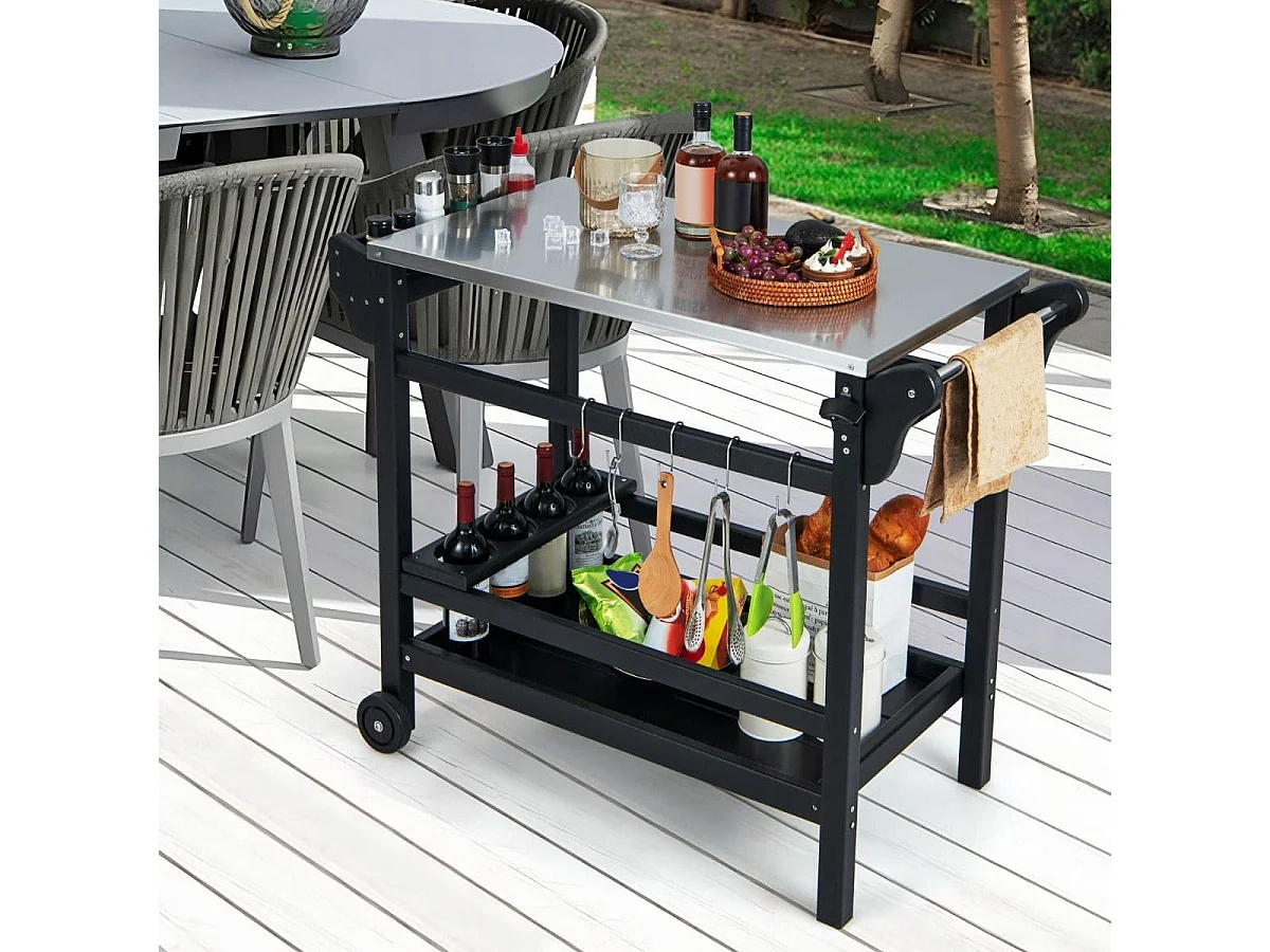 Grillwagen aus HDPE mit Gewürztablett & Weinflaschenregal & Griff & 2 Rollen Grilltisch